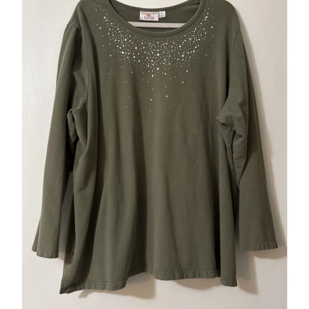 Quacker Factory Top Rhinestone Long Sleeve Embellished Stretch Split Side 3X